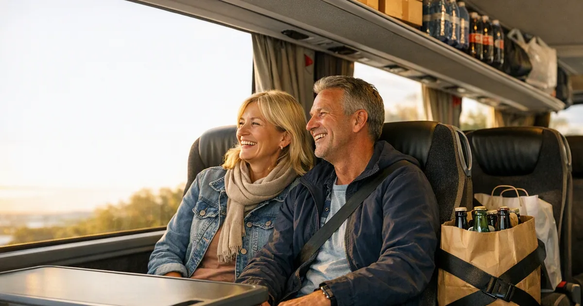 Glada bussresenärer med en kasse ombord och packade hyllor ovanför