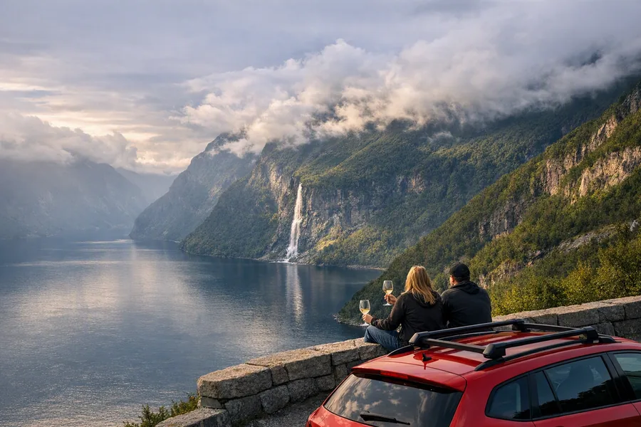 Norsk fjord med branta klippor och ett vattenfall
