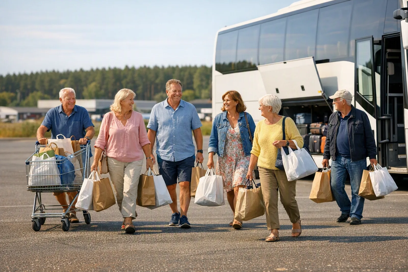 Resenärer med fulla kassar på väg mot bussen efter en shoppingdag